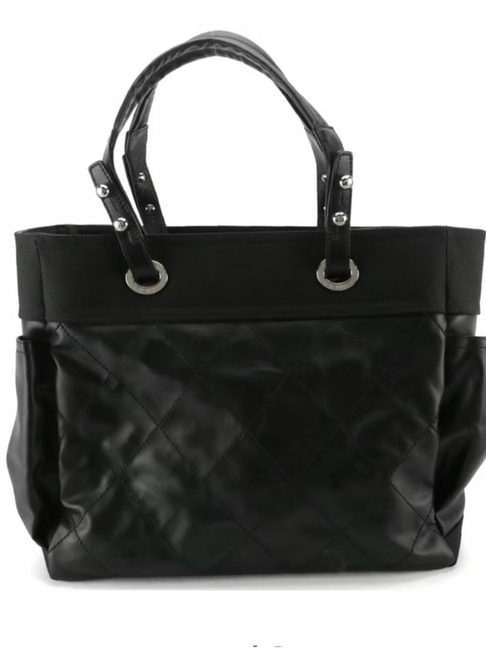 CHANEL Paris Biarritz Tote, Black Quilted Coated Canvas w Top Handles  Zip Pouch - Picture 2 of 7